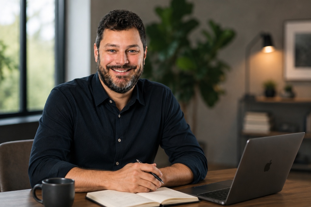 Nando Tschäppät am Schreibtisch mit MacBook – konzentriert und zugänglich