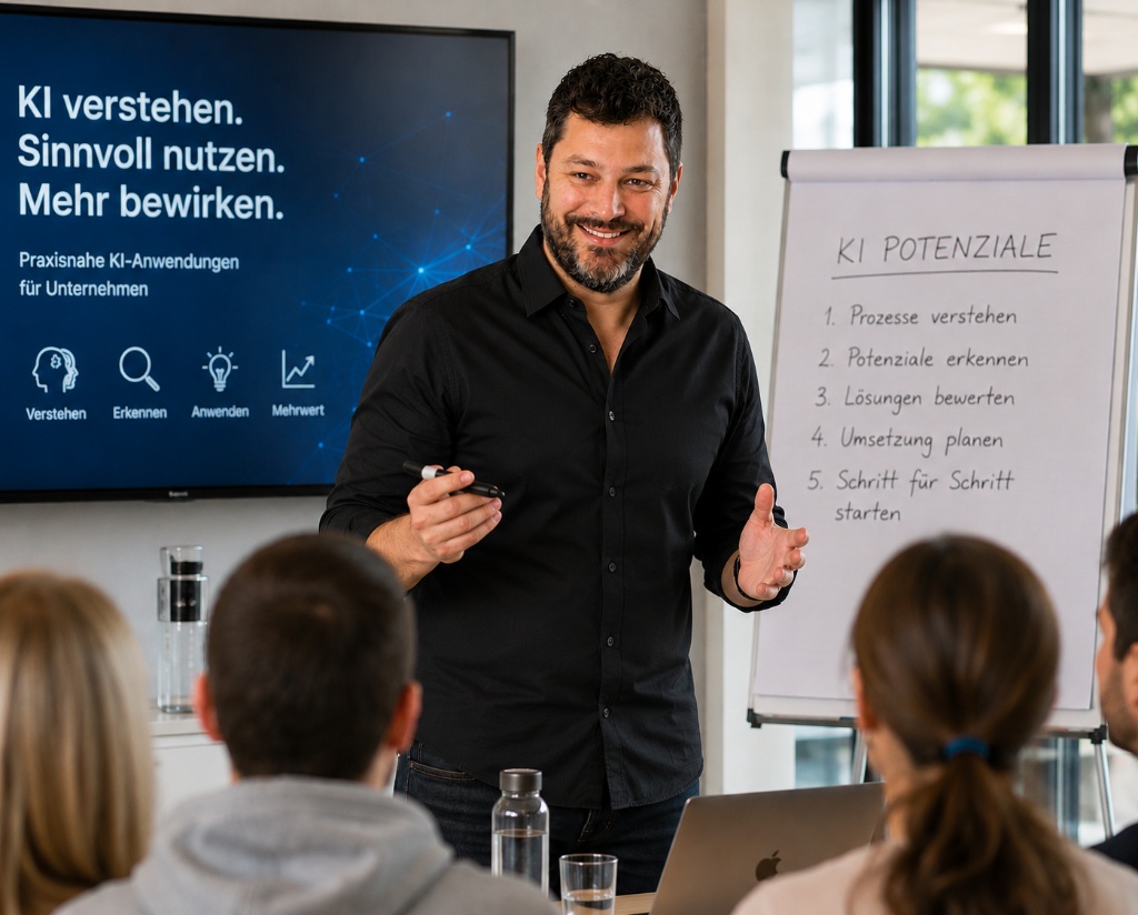 Nando Tschäppät hält einen KI-Workshop – vor Bildschirm mit KI verstehen. Sinnvoll nutzen. Mehr bewirken.